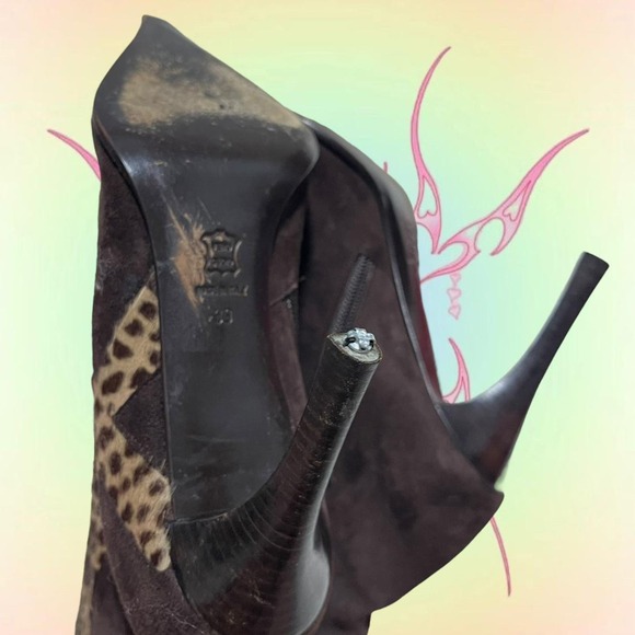 Vintage Lerre Mid-Calf Pointed Toe Brown Boots with Leopard Details - Picture 4 of 8